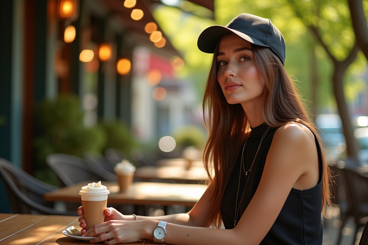Femme élégante assise au café en plein air ensoleillé