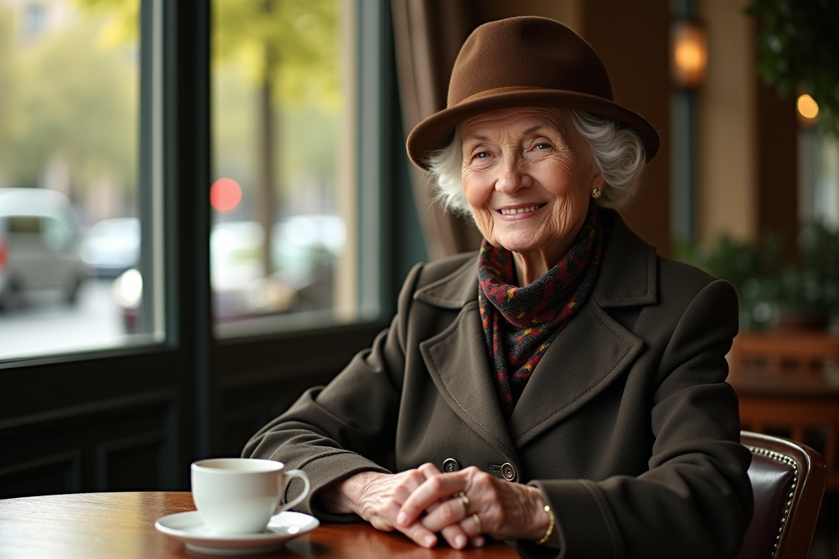 Femme âgée dans un café élégant avec chapeau en feutre