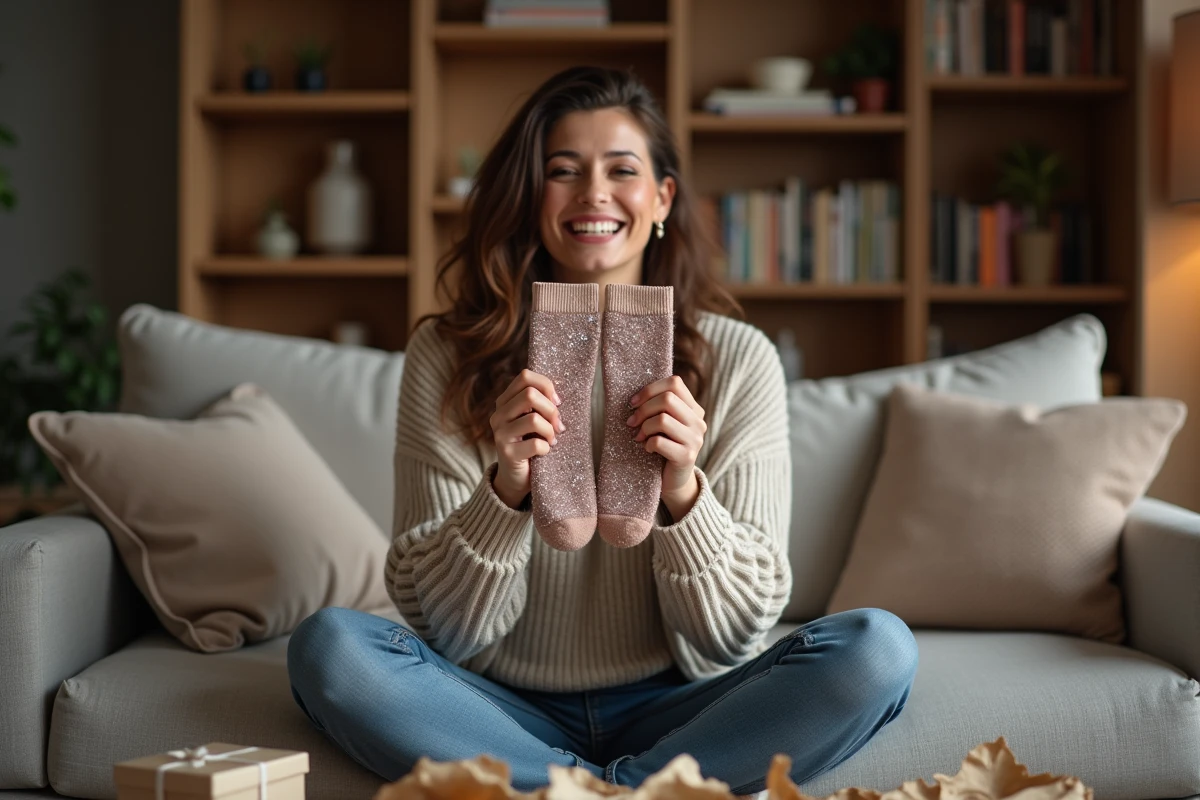 Femme souriante tenant des chaussettes à paillettes reçues en cadeau d'anniversaire dans un salon moderne et chaleureux