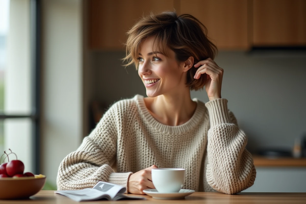 Femme aux cheveux courts et coiffure naturelle dans une cuisine moderne