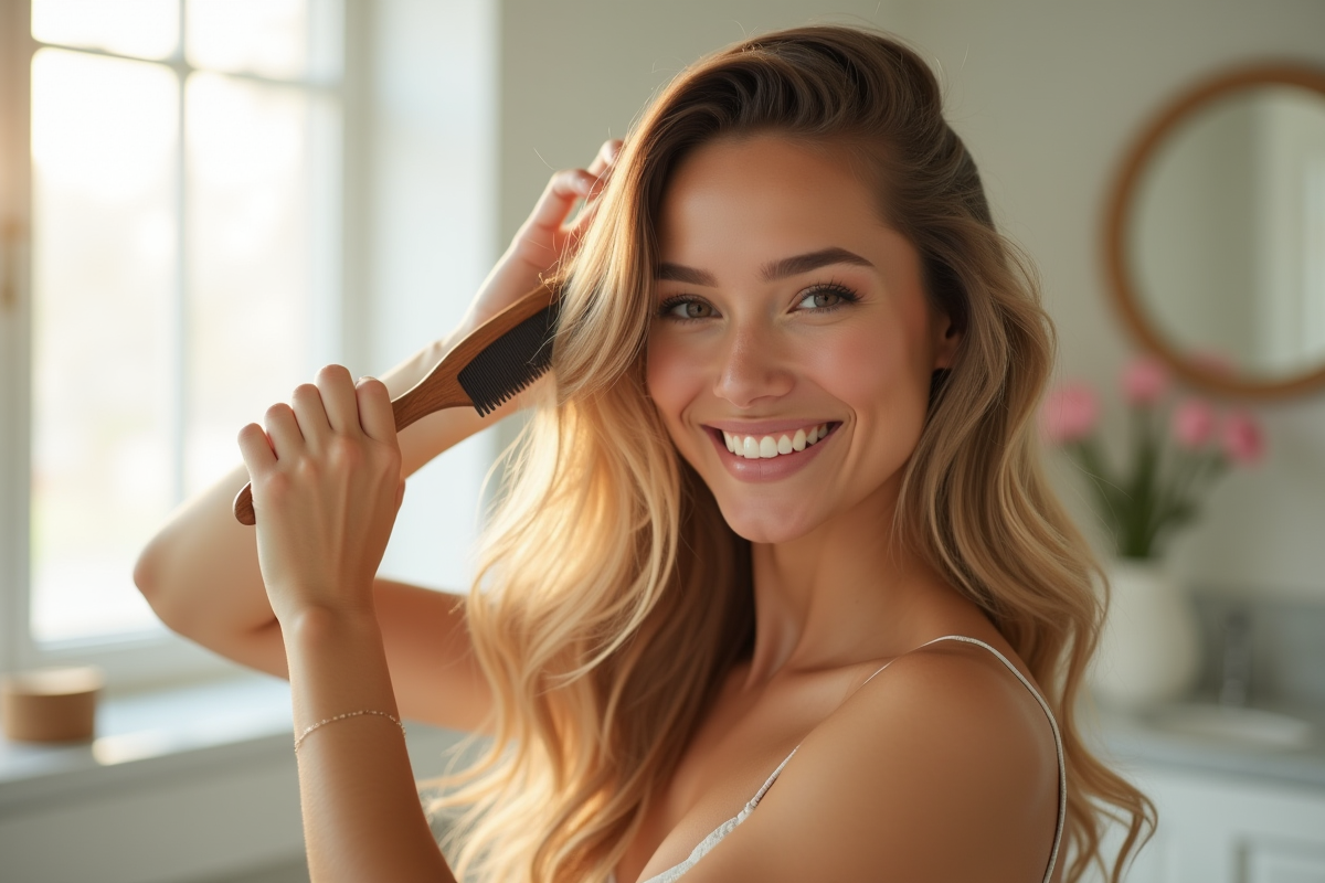 Femme souriante avec cheveux longs et brillants dans une salle de bain lumineuse