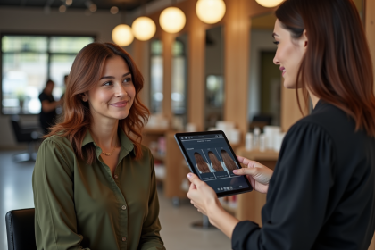 Femme avec coiffeur dans un salon moderne et chaleureux