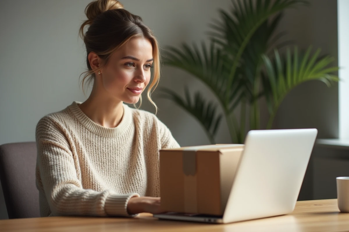 Femme contactant le service client Zalando sur son ordinateur portable pour initier un retour colis