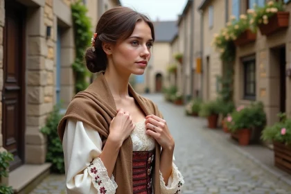 Femme en costume breton traditionnel ajustant son châle en extérieur