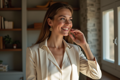 Femme &eacute;l&eacute;gante portant des boucles d'oreilles en or dans un int&eacute;rieur cosy
