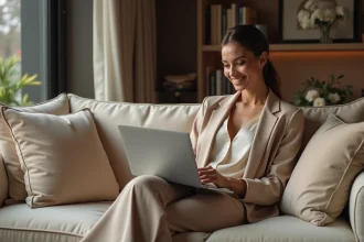 Femme élégante sur canapé avec ordinateur à Paris