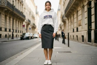 Femme mixant un hoodie streetwear oversize avec une jupe crayon chic en laine sur un trottoir parisien