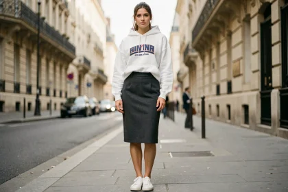 Femme mixant un hoodie streetwear oversize avec une jupe crayon chic en laine sur un trottoir parisien