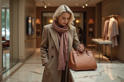 Femme élégante examine un sac de luxe dans une boutique