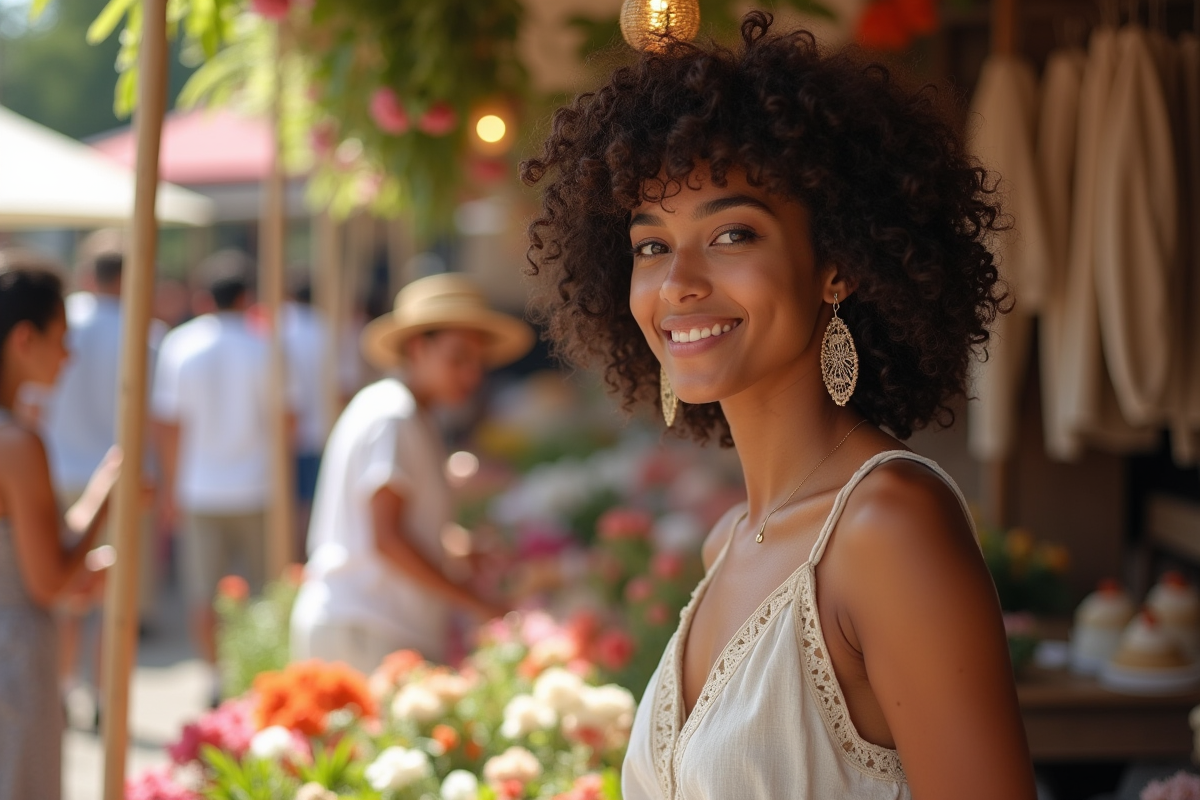 Jeune femme dans un marché aux fleurs regardant des boucles d
