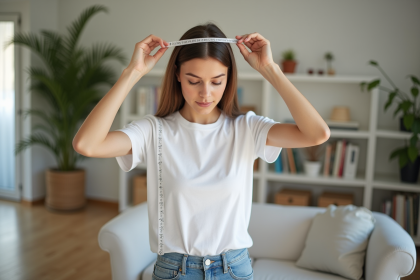 Jeune femme mesurant sa tête avec un ruban dans un salon moderne