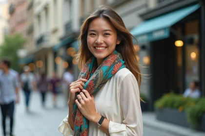 Femme élégante en robe en lin et foulard cheche dans la ville