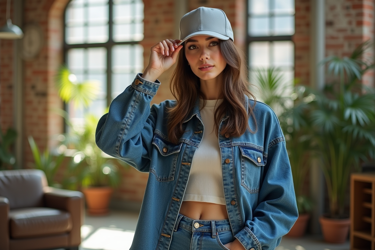Femme en denim ajusté et snapback dans un loft lumineux