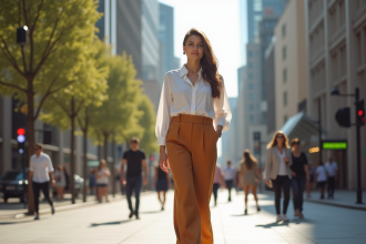Jeune femme mode marche dans la ville en 2025