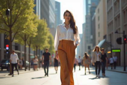 Jeune femme mode marche dans la ville en 2025