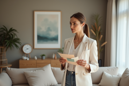 Femme en blazer pastel dans un intérieur moderne