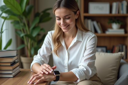 Femme ajustant une montre sur son poignet dans un int&eacute;rieur cosy