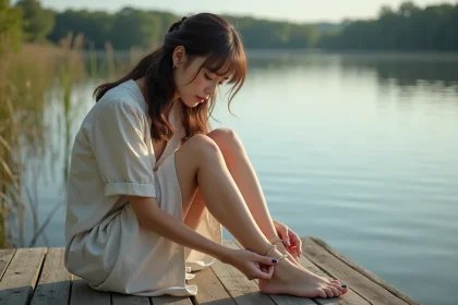 Femme assise sur un pont en bois ajustant un bracelet &agrave; la cheville