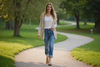 Femme en promenade dans un parc avec sandales classiques