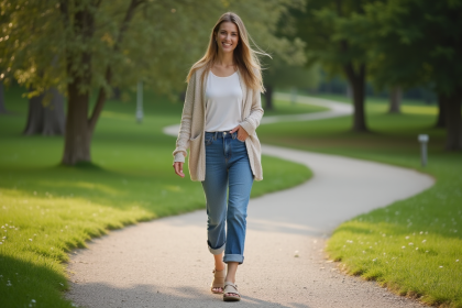Femme en promenade dans un parc avec sandales classiques
