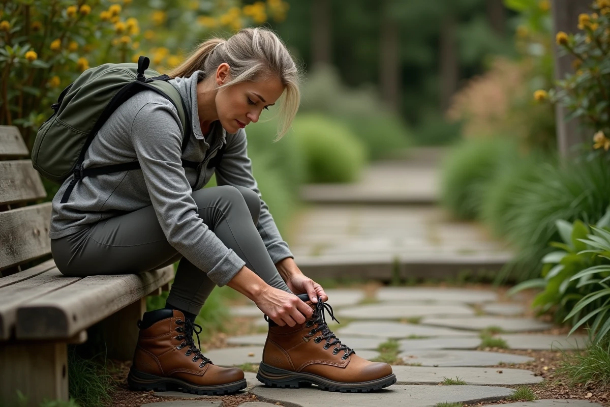 Femme en randonnée ajustant sa chaussure en cuir