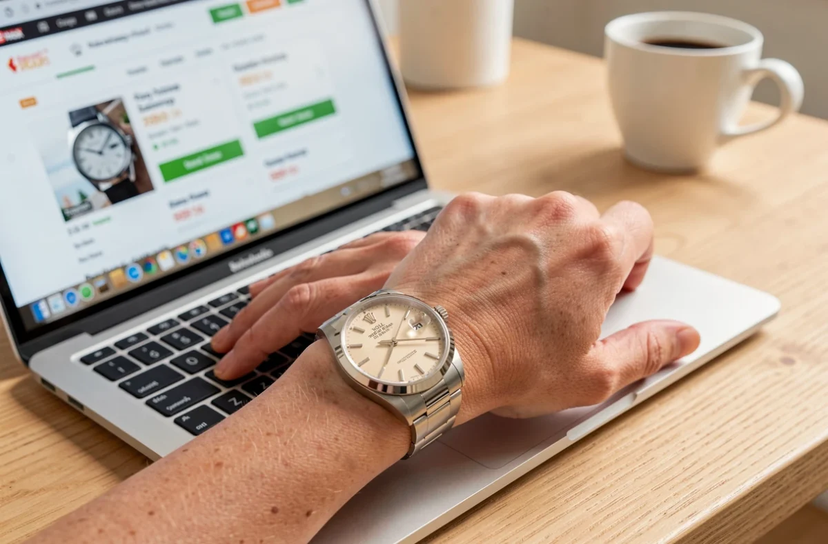 Femme consultant les prix d'une Rolex Datejust 36 sur un ordinateur portable dans un bureau moderne