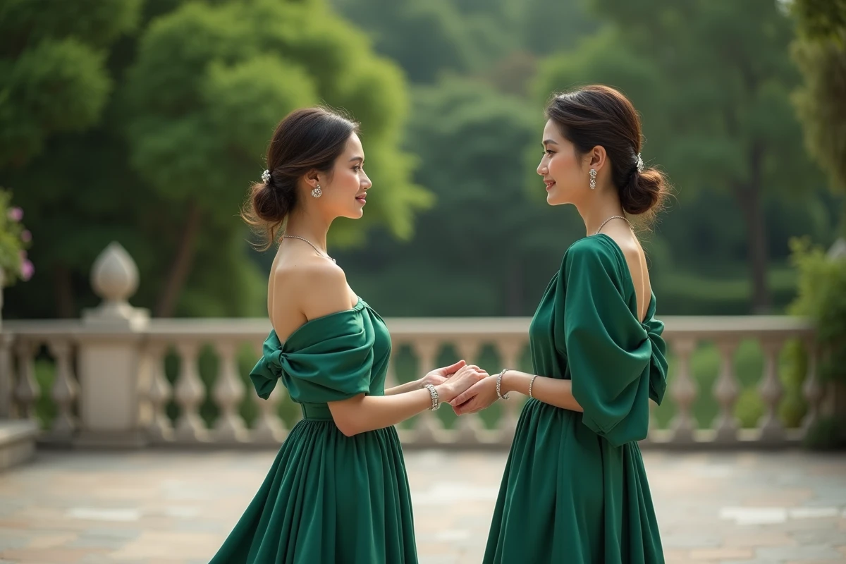 Femme en robe verte ajustant un bracelet dans un jardin élégant