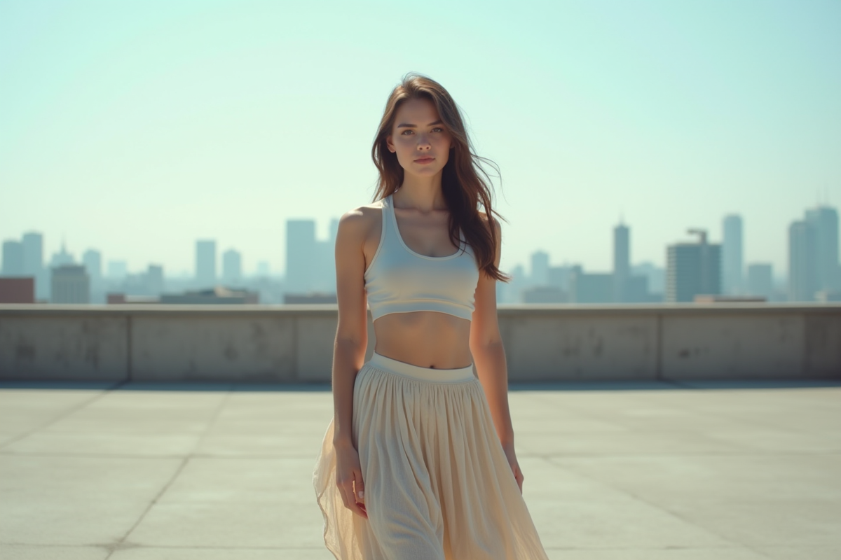 Femme posant sur un rooftop avec vue sur la ville
