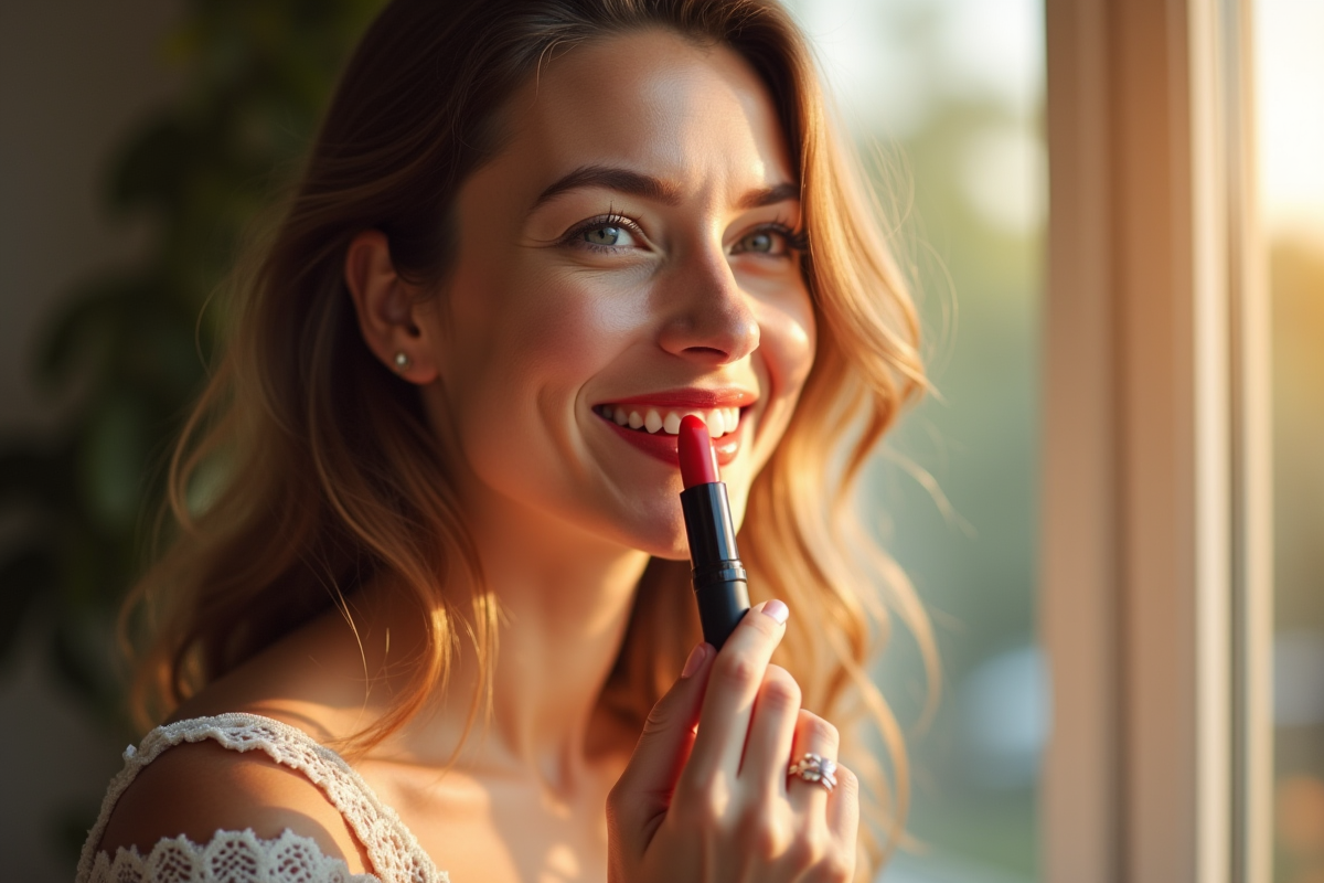 Femme souriante appliquant rouge à lèvres rouge naturel