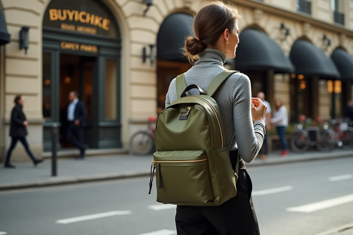 Femme élégante dans la rue ajustant un sac à dos pour ordinateur portable en nylon vert olive avec des détails dorés