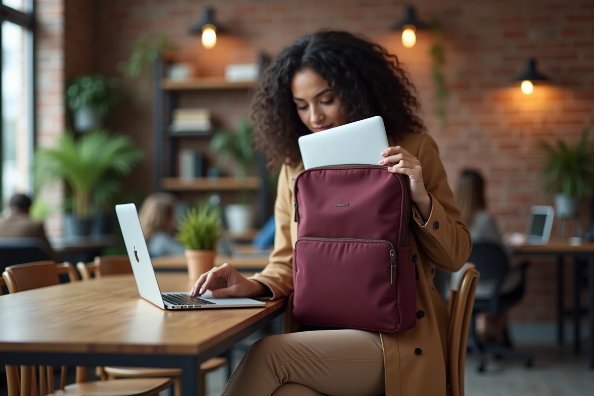 Femme assise à un bureau de co-working sortant un ordinateur portable d'un sac à dos élégant en tissu bordeaux