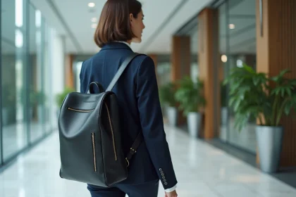 Femme professionnelle portant un sac à dos pour ordinateur portable en cuir noir élégant dans un hall de bureau moderne