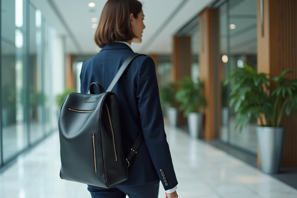 Femme professionnelle portant un sac à dos pour ordinateur portable en cuir noir élégant dans un hall de bureau moderne