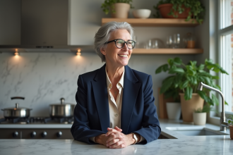 Femme de 70 ans dans sa cuisine élégante et moderne