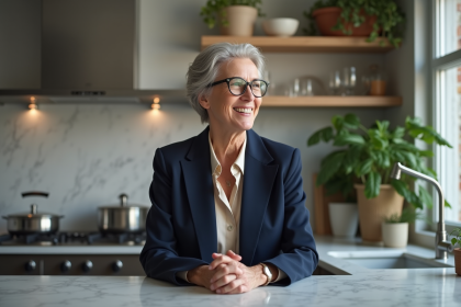 Femme de 70 ans dans sa cuisine élégante et moderne