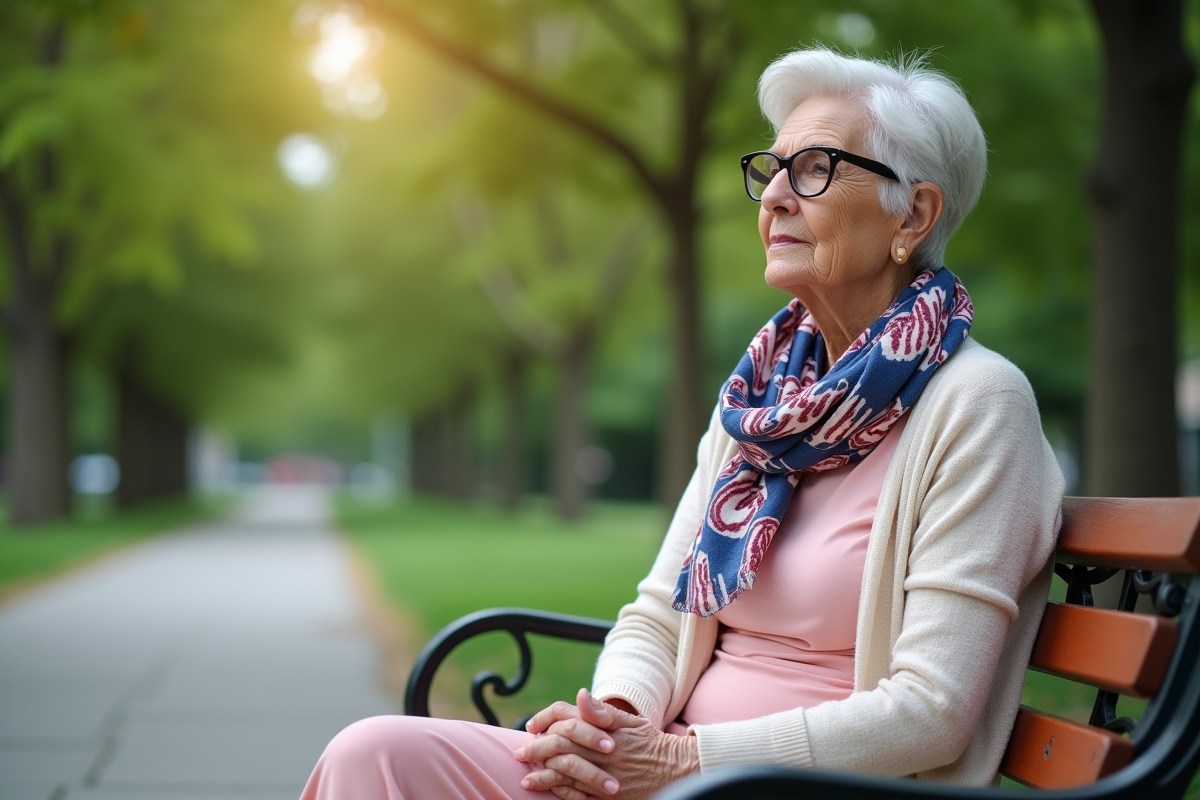 Femme de 70 ans assise sur un banc dans un parc