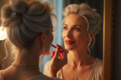 Femme élégante de 60 ans appliquant rouge à lèvres rouge