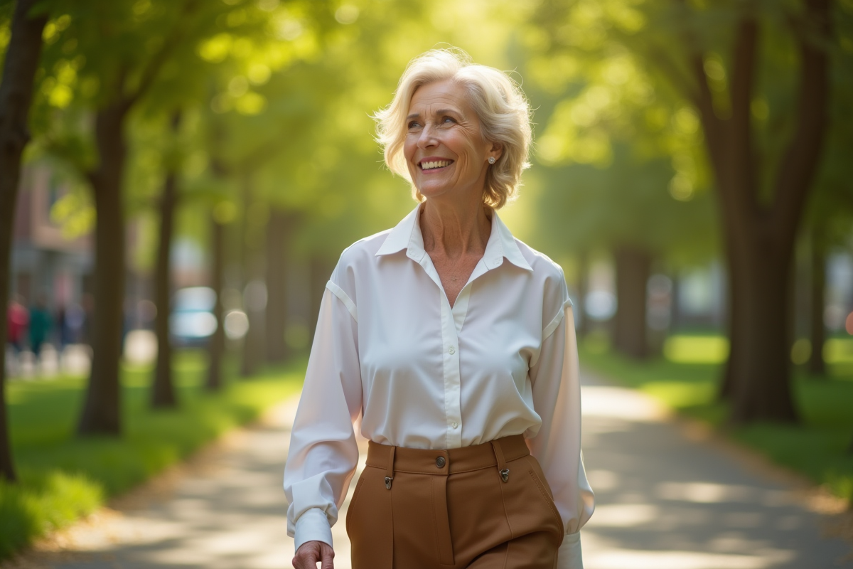 Femme senior souriante dans un parc urbain en blouse élégante
