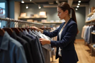 Jeune femme professionnelle regardant une vitrine de vêtements