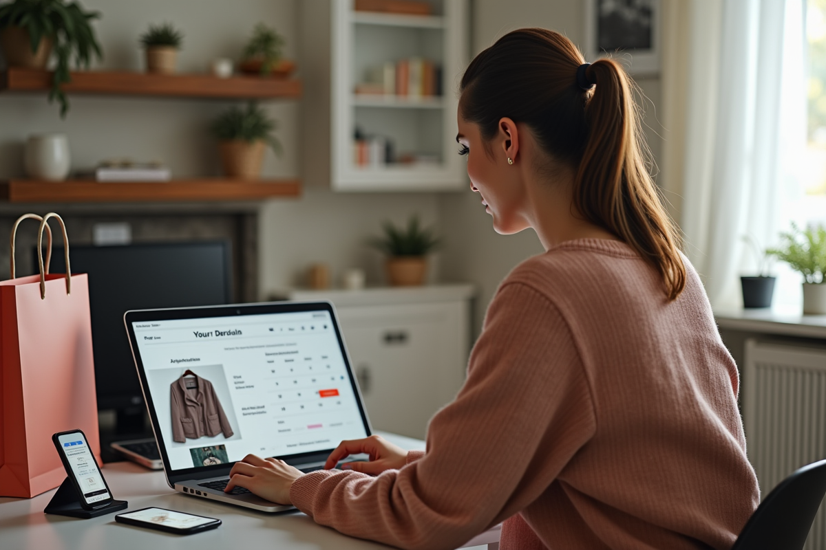 Femme élégante utilisant Zalando sur son ordinateur dans un salon lumineux