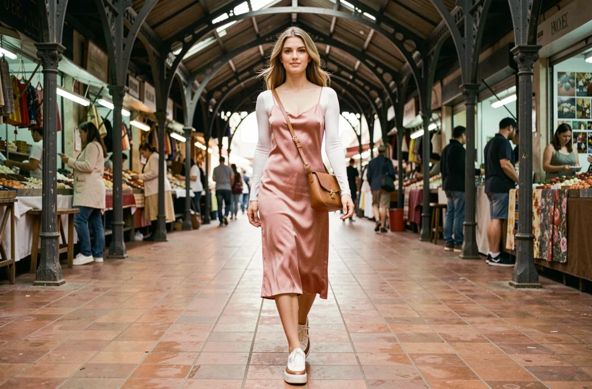 Femme portant une robe slip dress en soie sur un top côtelé avec des sneakers plateforme dans un marché couvert