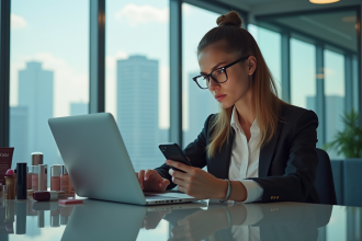 Jeune femme utilisant un smartphone dans un bureau moderne