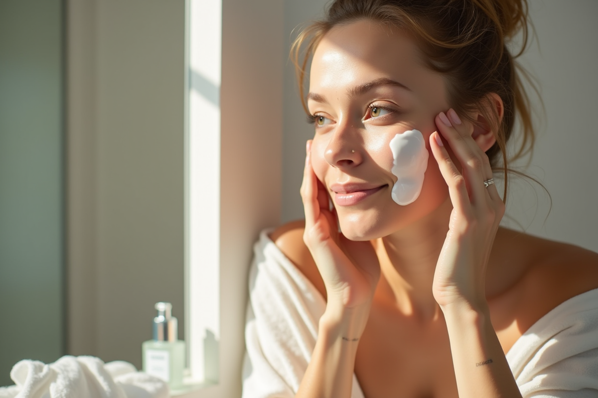 Femme appliquant crème hydratante sur visage au miroir