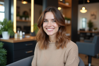 Femme souriante dans un salon de coiffure moderne