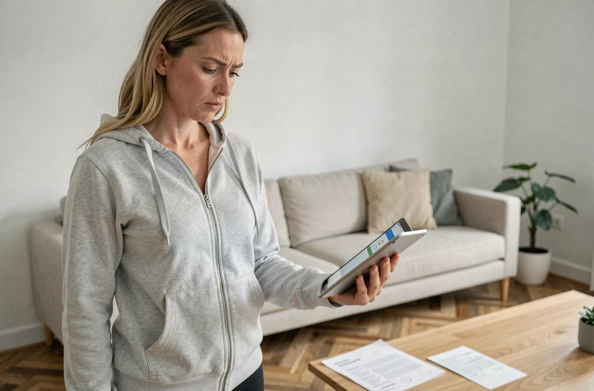 Femme consultant sa tablette pour contacter Damart et résoudre un problème de paiement sécurisé