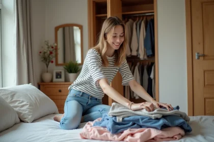 Jeune femme trie des vêtements dans sa chambre lumineuse