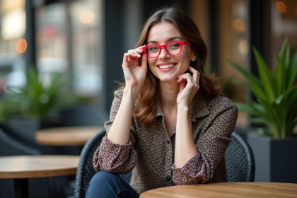 Femme élégante portant des lunettes rouges dans un café urbain