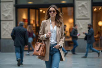 Femme élégante marchant en ville avec sac à main tendance