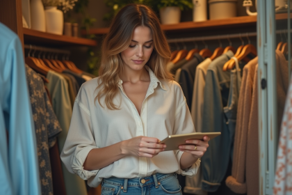Jeune femme examine une &eacute;tiquette de v&ecirc;tement dans une boutique vintage