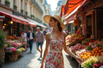 Femme en robe florale vintage dans un marché parisien
